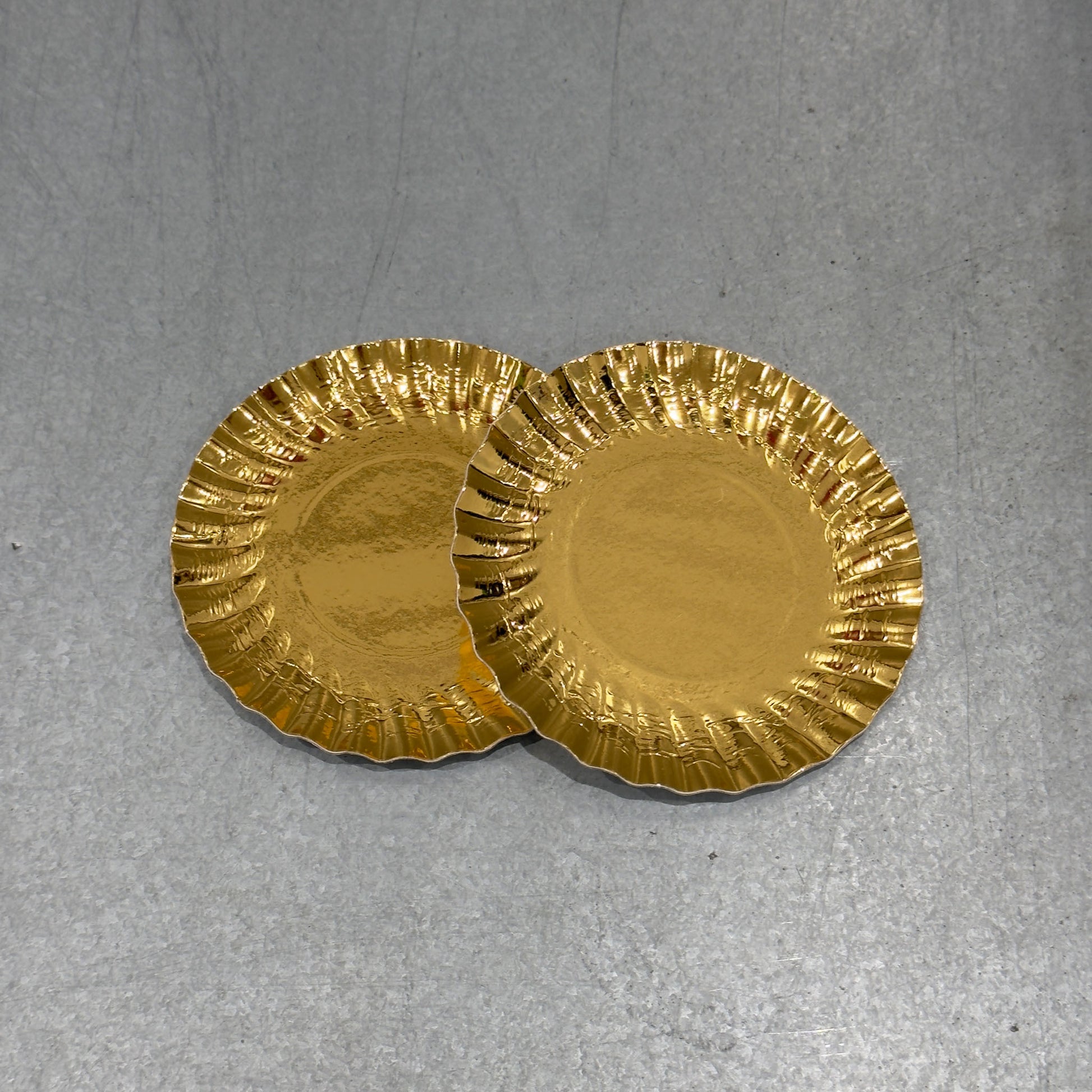 Marah Design Dessert Plate - Golden, Small Scallop Rimmed pair - angled 