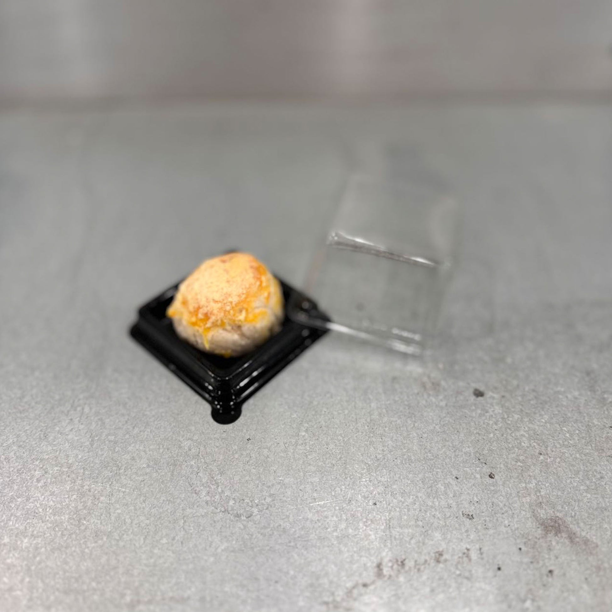 Marah Design Round Plastic Containers with Black Tray with mooncake inside and lid off  - Small Baked Goods 
